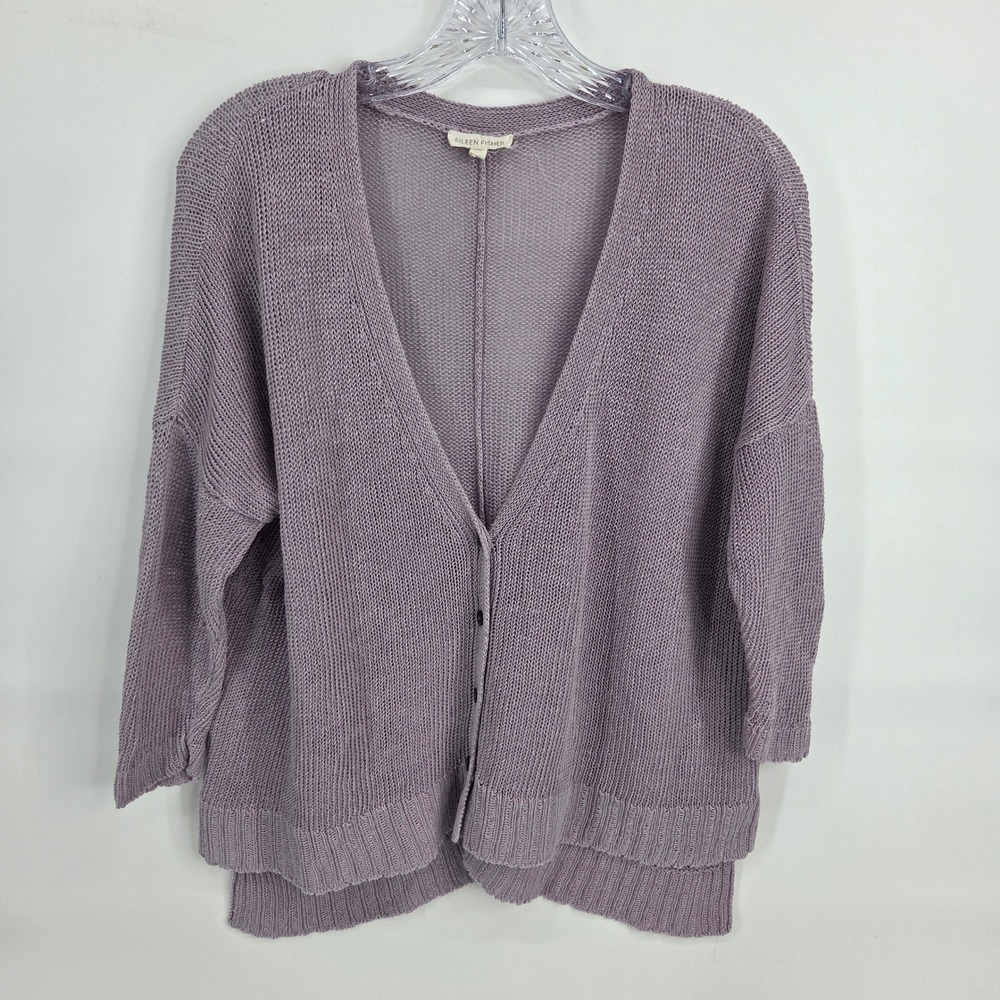 Eileen Fisher Cardigan M Lavender Linen Knit Lagenlook Coastal Boho Button Front